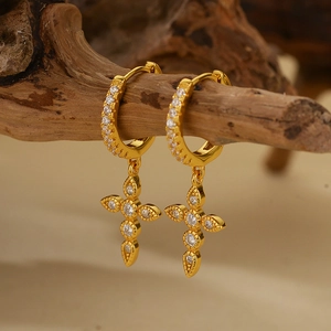 925 Sterling Silver Cross Drop Earrings For Women Retro Fashion Micro Pave Rhinestone Hoop Earrings Jewelry Party Gift