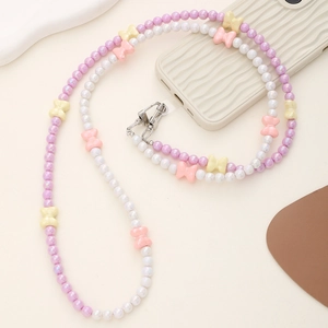 Acrylic heart and bow phone charm strap with purple and white beads and metal clasp