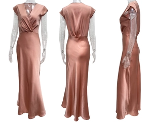 Detail view of pink satin maxi dress with V-neckline from front side and back angles