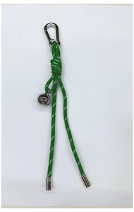 Detail of green woven lanyard keychain with silver metal ball and spring buckle
