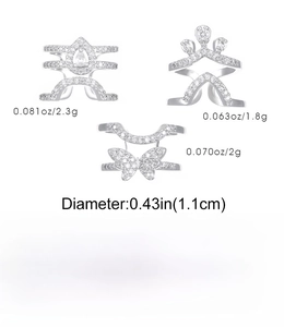 Detailed view of silver-finish copper nail rings with zircons and 1.1cm diameter specs