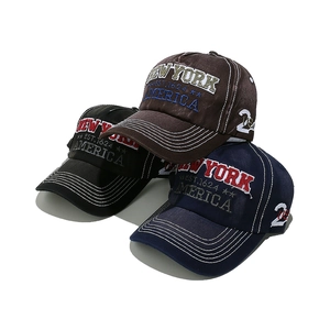 Vintage New York embroidered washed cotton baseball caps in black, brown and navy blue