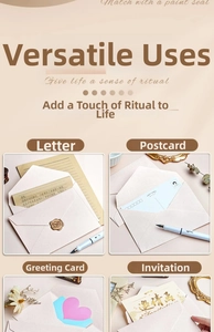 Detailed views of vintage linen textured stationery set including cards and wax seal
