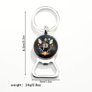 Detailed view of silver bottle opener keychain with blue letter P and dimensions shown
