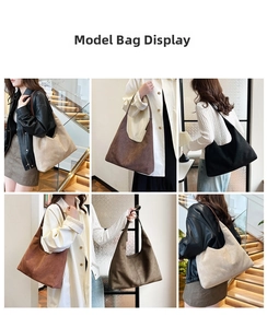 Collage of large capacity suede hobo bags in four colors styled on models for daily commute