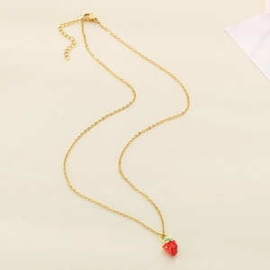 Sweet red strawberry enamel pendant on a gold stainless steel chain necklace for women