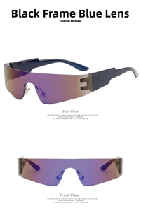Macro detail of rimless wraparound sunglasses with purple gradient mirrored lenses