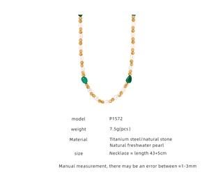 Detail of titanium steel necklace with green agate and natural freshwater pearls