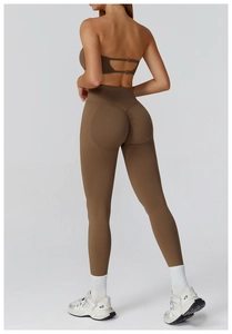 Detail of coffee brown seamless yoga leggings with high waist and scrunch butt design