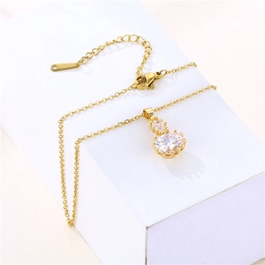 Minimalist gold stainless steel necklace with double round and oval zircon crystal pendants