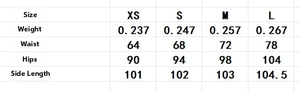 Detailed size chart for straight-leg trousers showing waist, hip, and length measurements