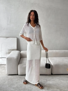 White crochet knit two-piece set featuring short sleeve cardigan and long skirt