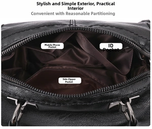 Detailansicht des Innenfutters und der Funktionstaschen einer schwarzen Lederhandtasche