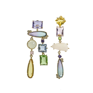 Asymmetric candy-colored crystal earrings with geometric stones in gold setting