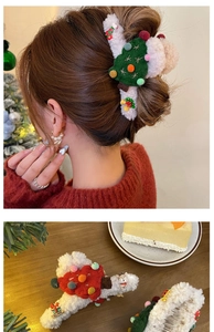 Detail of Christmas plush hair claw set with reindeer and tree motifs in festive colors