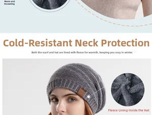 Détail du bonnet en tricot gris avec doublure polaire épaisse et patch en cuir marron