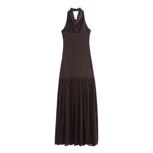 Sexy dark brown halter neck ruched maxi dress with slimming waist for women