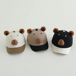 Kids cartoon baseball cap with bear ears and embroidery in beige, brown and black colors