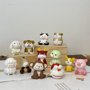 Set of 12 cute low-poly wooden Chinese zodiac animal figurines for desk decor