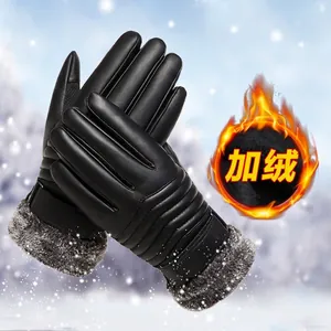 Men's winter PU leather gloves with thermal fleece lining and faux fur cuffs for cycling