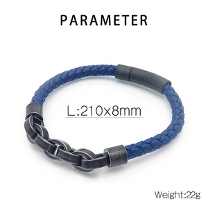 Detail of blue braided leather bracelet with vintage metal links and size specifications