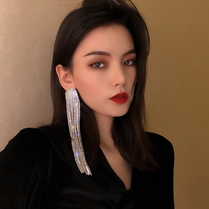 Boucles d'oreilles pendantes à pompons longs en strass argentés portées par un mannequin