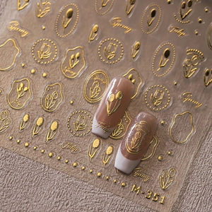 3D embossed gold tulip nail stickers with metallic foil floral and spring letter patterns