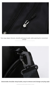 Detail of travel bag showing metal swivel hooks and smooth two-way zipper system