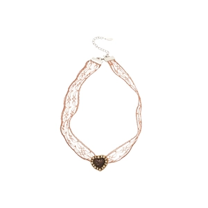 Vintage lace heart necklace with floral patterns and pearl details on white background