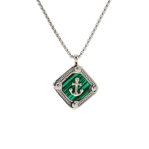 Vintage titanium steel anchor pendant necklace with green malachite stone inlay