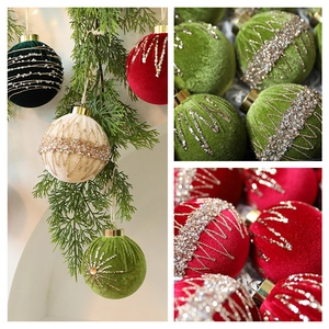 Velvet Christmas ornaments set with gold sequins and hanging cords for tree decoration