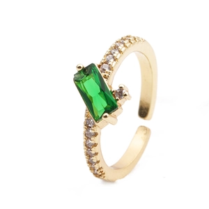 18K gold plated geometric open ring with rectangular green stone and zircons
