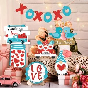 12-piece Valentine's Day tiered tray decor set featuring wooden signs and heart truck