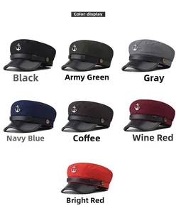 Detailed color display of cotton captain hats with metal anchor badges and leather brims
