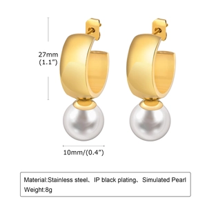 Detailed view of 27mm gold stainless steel C-hoop earrings with 10mm round pearls