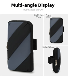 Multi-angle view of the durable black and grey sports armband with metal zippers