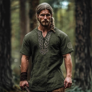 Men Viking Shirt Retro Medieval Tunic Short Sleeve Cotton Linen Texture V Neck Lace Up Celtic Knot Tree Of Life