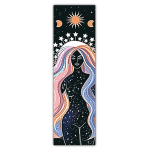 Detailed close-up of artistic sun and moon wall hanging with celestial woman illustration