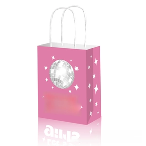 Close-up of pink disco party gift bag with silver glitter ball and white rope handles