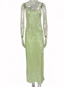 Detail shot of light green sequins on backless slim-fit maxi dress with thin straps