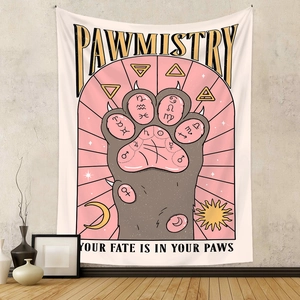 Detail of Pawmistry cat tapestry with zodiac symbols and mystical occult artwork