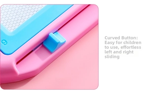 Close-up of the smooth sliding eraser button on a pink and blue magnetic drawing board