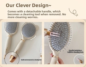 Detail of detachable handle on cushion hairbrush revealing integrated hair cleaning tool
