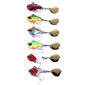 Vertical display of six colorful metal micro lures with golden spinners and treble hooks