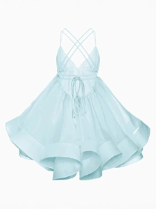 Sexy light blue V-neck backless pleated mini dress in shimmering organza fabric
