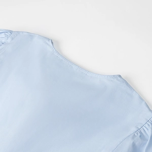Detailansicht des hellblauen Kleides mit Rundhalsausschnitt und Falten an den Puffärmeln