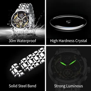 Men's skeleton dial watch with waterproof, luminous, and steel strap features