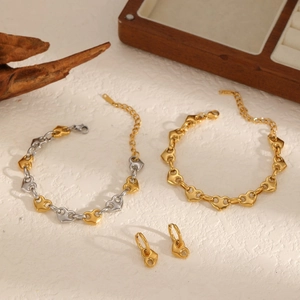 Bracelet Boucles D'oreilles À Maillons Coeur Acier Inoxydable Plaqué Or 18K Bijoux Géométriques Inaltérables Femmes
