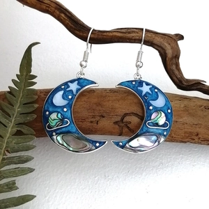 Boucles d'oreilles lune vintage avec motif planète bleue et nacre d'abalone