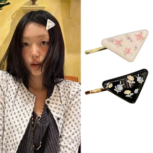 Triangle Floral Print Hair Clips Alloy Retro French Style Side Hairpin For Women